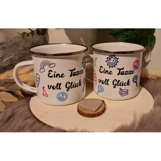 Emailletasse mit Spruch 
